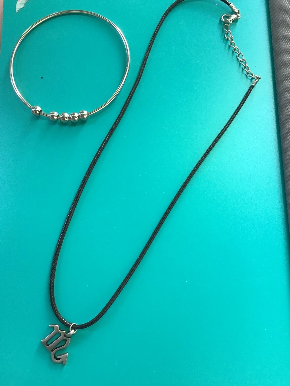 Silver Scorpio Pendant Necklace on Black Cord & bangle bracelet